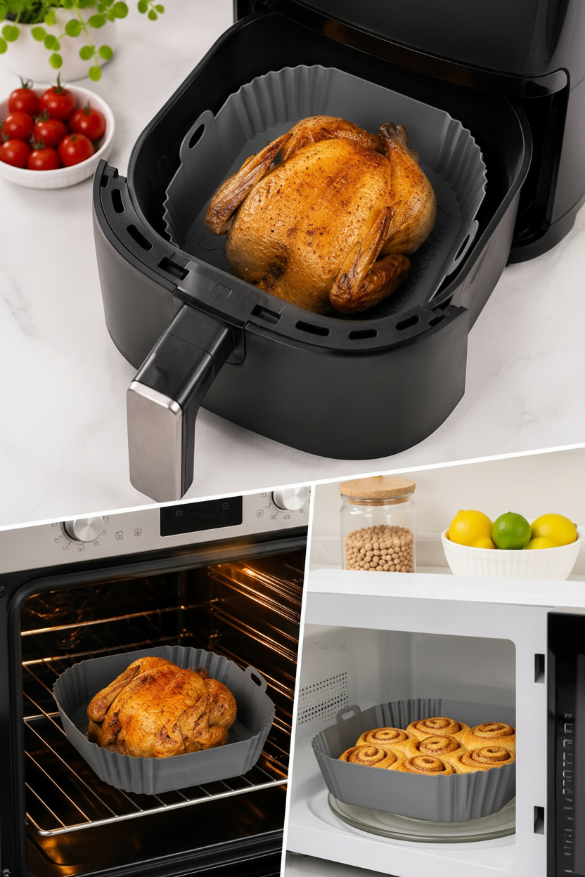 Silicone air fryer liner used for roasting chicken, oven and microwave safe