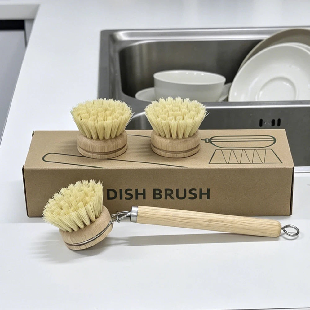 Reusable Dish Brush — Wooden Handle with 3 Replaceable Sisal Heads