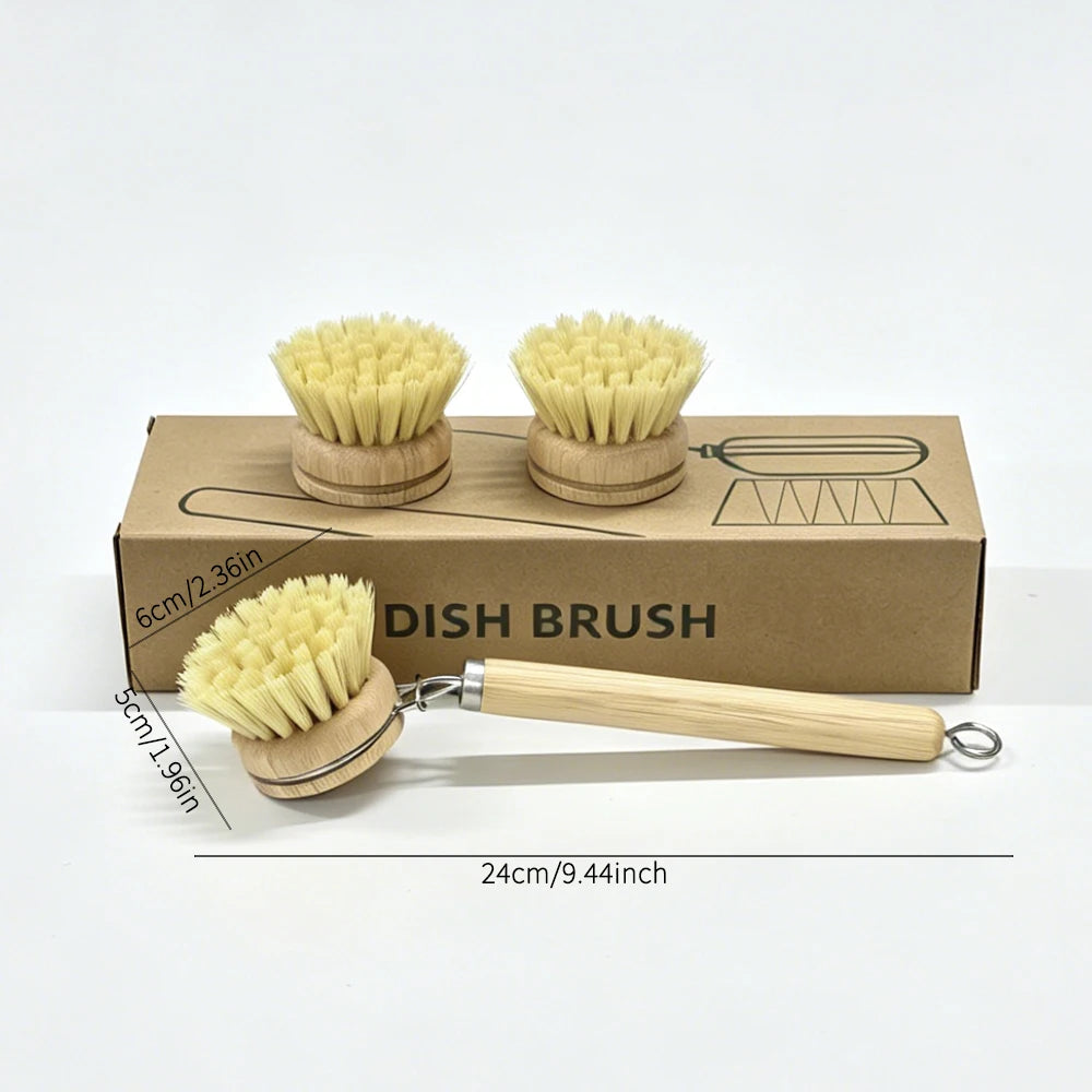 Reusable Dish Brush — Wooden Handle with 3 Replaceable Sisal Heads