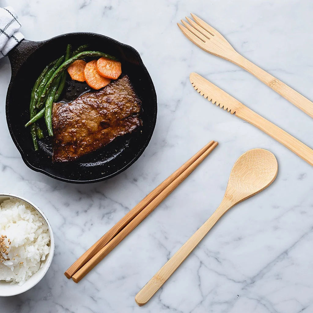 Reusable Bamboo Cutlery Set with Travel Pouch — Plastic-Free Utensils On the Go