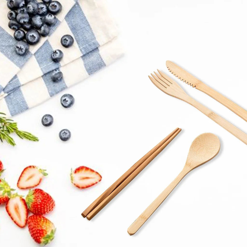 Reusable Bamboo Cutlery Set with Travel Pouch — Plastic-Free Utensils On the Go