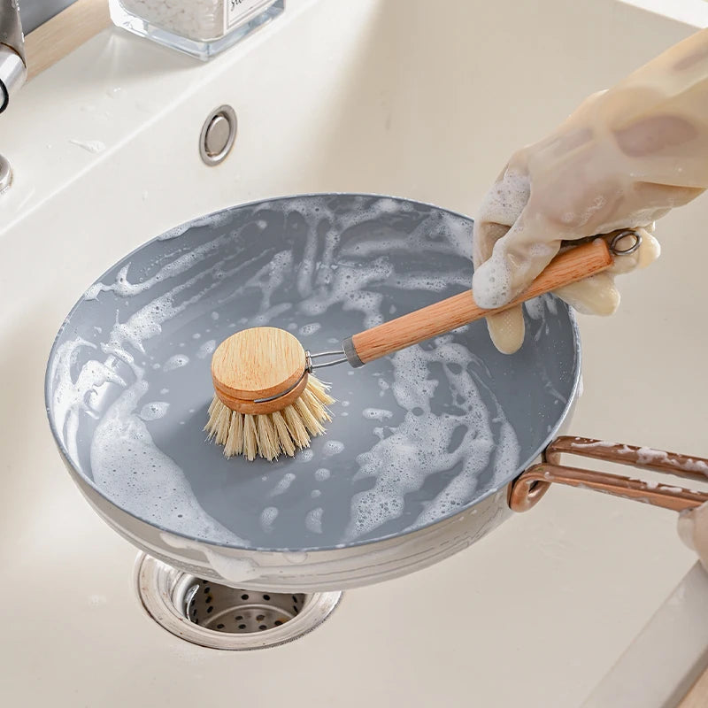 Reusable Dish Brush — Wooden Handle with 3 Replaceable Sisal Heads